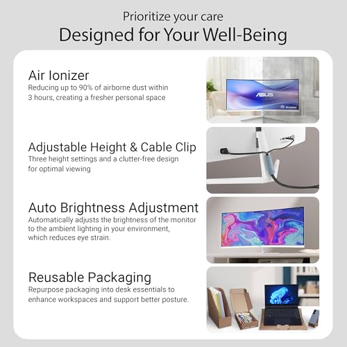 Image of ASUS 34 inch Ultra-Wide Curved Eye Care Monitor (VU34WCIP-W) - WQHD (3440x1440), 1500R Curvature, Frameless, 100Hz, Nano-ion, SmoothMotion, Eye Care Plus, USB-C PD 65W, Speakers, 3 yr Warranty