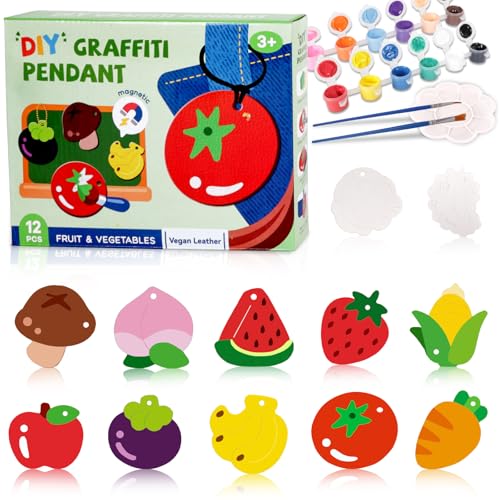 Magnetic Mini Tile Art-DIY Craft Kits for Kids,Fridge magnet painting kit for kids Ages 4-8,Soft Leather Fridge Magnets Craft Paint Set Fruit & Vegetables,Party Favors for Kids 8-12