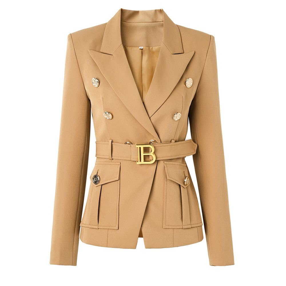 Women Classic Golden Buttons Work Office Elegant White Black Pink Women Pocket Formal Blazers with Blet