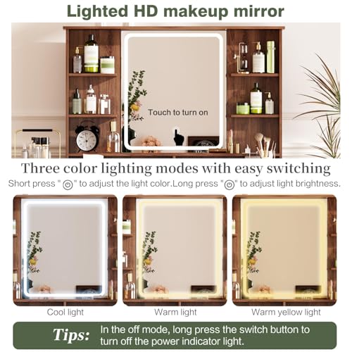 YYJ 74.8\'\'Makeup Vanity Desk with Large Mirror and Lights&Charging Station,Modern Corner Vanity Table with Shelves,Makeup Table for Bedroom,Walnut