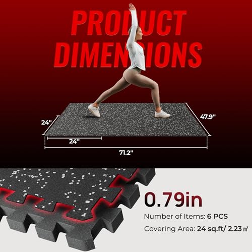 Image of SUPERJARE 0.79'' Extra-Thick Exercise Equipment Mats, 6 Pcs 24 Sq Ft Rubber Top Floor Tiles with High Density EVA Foam, Interlocking Gym Flooring for Home Gym, Protective Workout Mat, Black /Grey