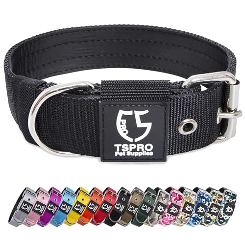TSPRO Heavy Duty Tactical Dog Collar 1.5" Wide, Padded Dog Collar with Metal Buckle
