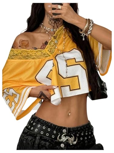 Image of RoseSeek Women's Lace Mesh Jersy Shirts V Neck Off Shoulder Crop Tops Tee