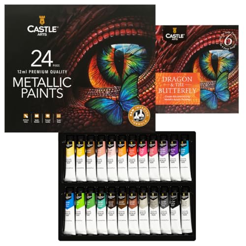 Castle Art Supplies Juego de pinturas acrílicas metálicas | Nueva fórmula mejorada | 24 tubos de 12 ml para artistas adultos, principiantes y artesanos para añadir calidad brillante (nueva fórmula