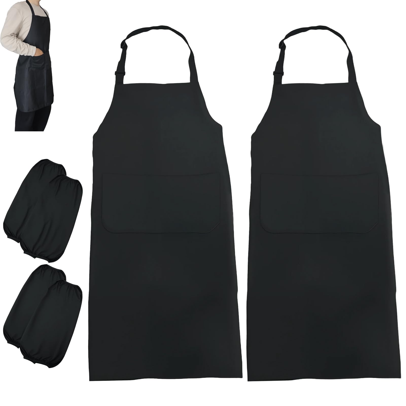 Paquete de 2 delantales de cocina negros para hombres y mujeres, delantal de cocina con correa ajustable para el cuello, impermeables con 2 bolsillos, delantal de parrilla para chefs (70*80 cm)