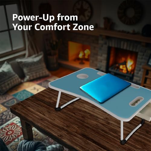 Image of Amazon Basics Engineered Wood Foldable Laptop Table with Cup Holder, Tablet Groove and Mini Drawer (60L x 40W x 26H cm, Blue)