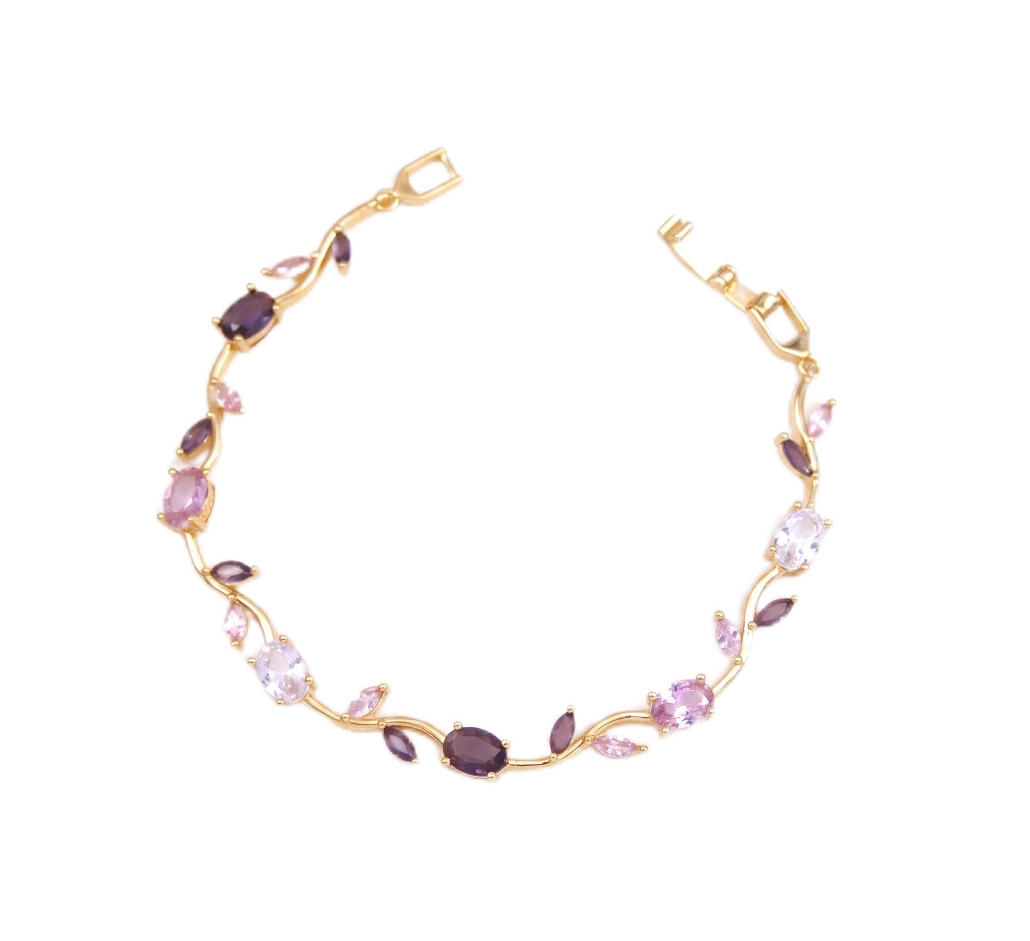 Gold-Tone Floral Vine with Purple & Pink Stones Gold Plated Bracelet For Women, Purple & Pink Crystal Bracelet-image-33