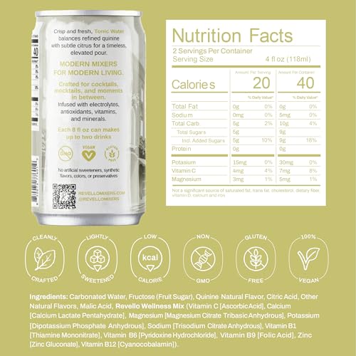 Image of Revello Mixers Tonic Water - Mixer Infused with Electrolytes, Antioxidants, Vitamins & Minerals - Low Sugar & Calories - Premium Beverage for Crafted Cocktails & Mocktails - 8 fl oz (Pack of 4)