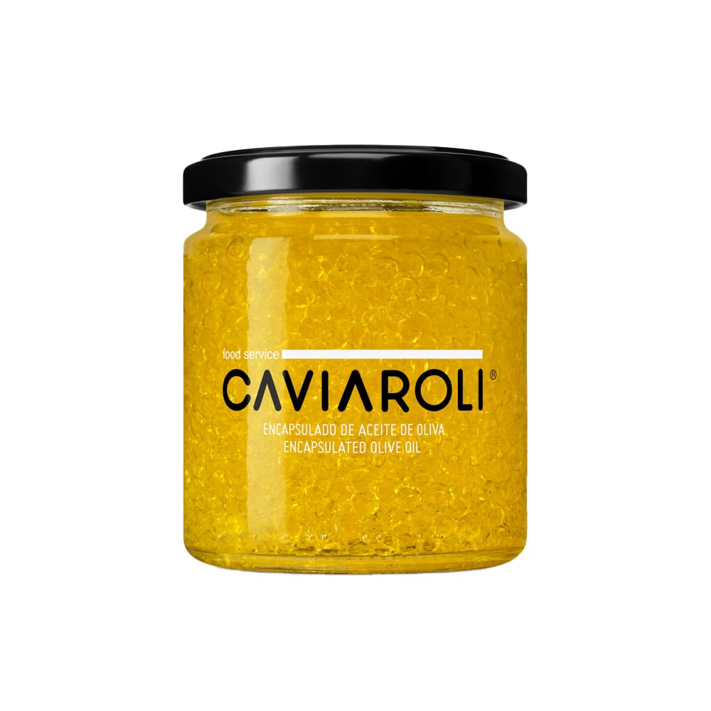Caviaroli - Encapsulado de Aceite de Oliva Virgen Extra. Perlas de Aceite Gourmet para Aliño o Decoración bote de 200 grs. Perlas de Aceite de Oliva virgen Arbequina. Perlas de oliva de cristal 200 gr