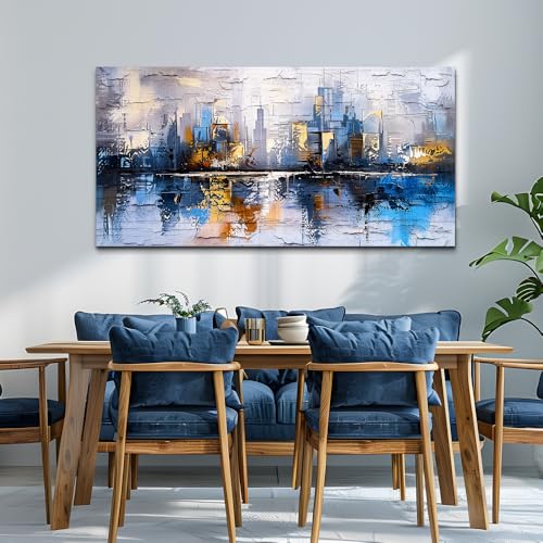 KELIYUAN Abstract City Oil Painting Large Home Decor Mural Living Room Bedroom Modern Printed Canvas Wall Art Yellow Blue Graffiti Mural Office Corridor Can Be Directly Hung Wall Decor 24 X 48 In