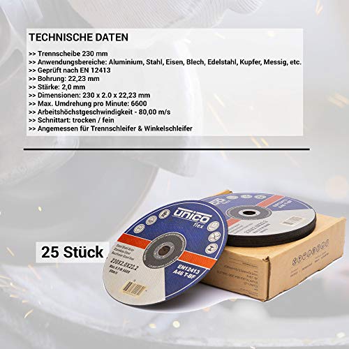 25 Stück Trennscheibe 230 Metall - 25x Trennscheiben 230 x 2,0 mm/Flexscheiben 230 Metall dünn 2mm / Bohrung: 22,23 mm/für Trenn- oder Winkelschleifer