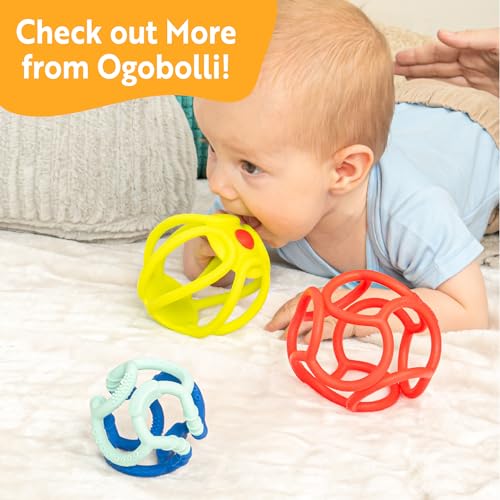 Image of OgoBolli Teether Ring Tactile Sensory Ball and Baby Rattle Toy for Babies & Toddlers - Stretchy, Squishy, Soft, Non-Toxic Silicone - Boys and Girls Age 6+ Months - Purple