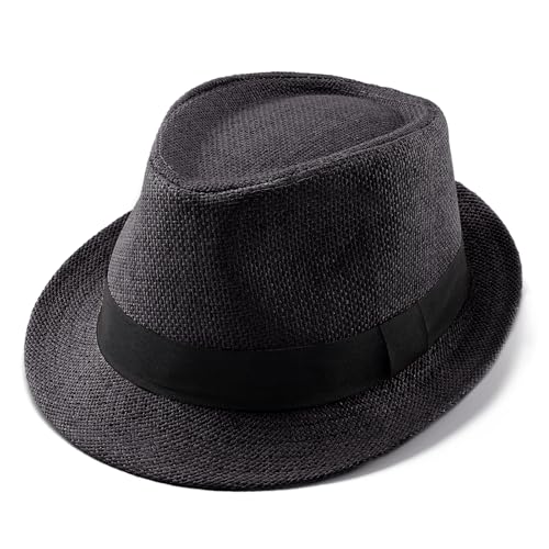 Image of Straw Fedora Hats for Men Women, 1920s Short Brim Trilby Panama Hat Summer Beach Sun Cap