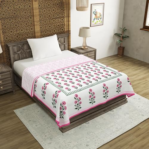 Image of BLOCKS OF INDIA Hand Block Printed Cotton Single Size Reversible Malmal Dohar for Summer (Pink Green BUTI)