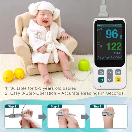 Image of Handheld Pulse Oximeter with Respiration Tracking, Rechargeable Oxygen Monitor with Foot Sensor and Finger Sensor, Continuous Monitoring with Alarm, Portable SpO2 Pulse Rate PI Display for Home Use