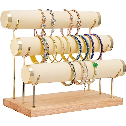 Aqerimit Bracelet Display Holder Small Size Jewelry Storage Stand 3 Tier Bangle Organizer Wooden Velvet Watch Tower