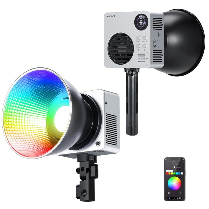 NEEWER 80W RGBWW LED Luz de Vídeo LED con Reflector y 72Wh Batería App/2.4G Control 18 Efectos 10400lux/m 2500K-7500K 100W PD Carga Rápida, Mini Iluminación Salida Continua COB RGB Bowens Mount,HB80C