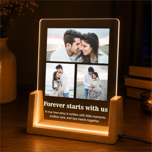 Image of Giftplease Personalized LED Acrylic Photo Frame with Custom Photos & Text | Engraved Picture Lamp with Wooden LED Base | USB Powered Night Light | Anniversary, Wedding, Birthday, Couple, Family, Decor