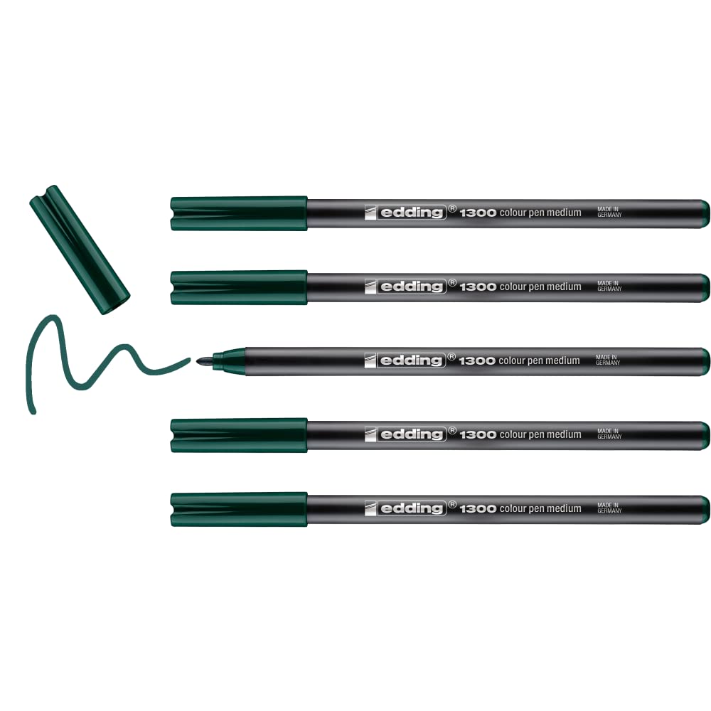 edding 1300 colour pen medium - bottle green - 5 pens - round nib 2 mm - felt pen for drawing and writing - felt pen for school, mandalas, bullet journals