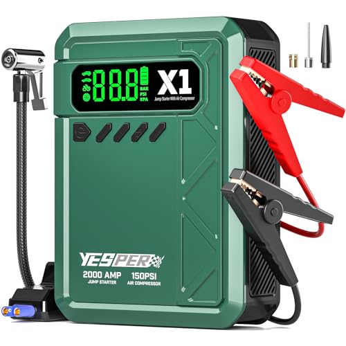 YESPER 7-in-1 Car Battery Booster Jump Starter with 150PSI Air Compressor(8L Gas/6L Diesel), 2000A...