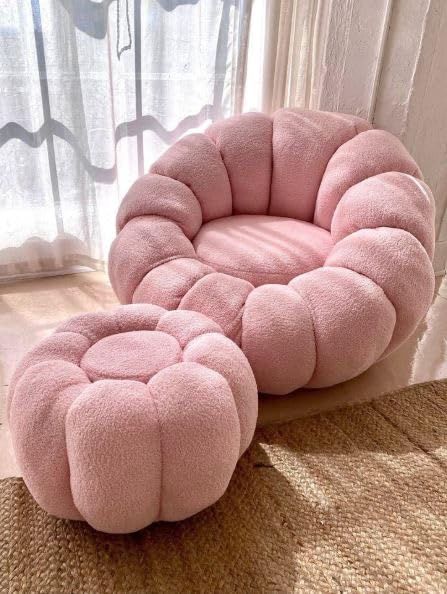 Pumpkin Shape Single Seater Sofa Chair with Footrest for Living Room Bedroom & Balcony Decor (Pink)-image-40