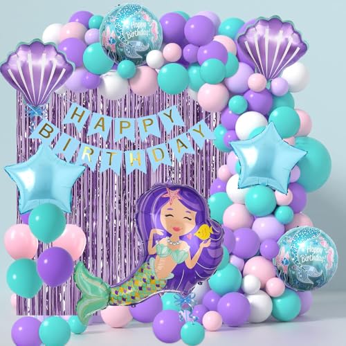 Image of Rozi Decoration Mermaid Birthday Party Decoration Set, 61 Pieces, Purple and Turquoise Balloon Arch Kit with Banner, Shell Balloons, Foil Curtain