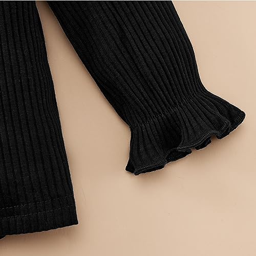 Image of Weixinbuy Toddler Girl Fall Winter Clothes Solid Long Sleeve Ribbed T-Shirt Knit Tops Plaid Button Mini Skirts Set Outfits