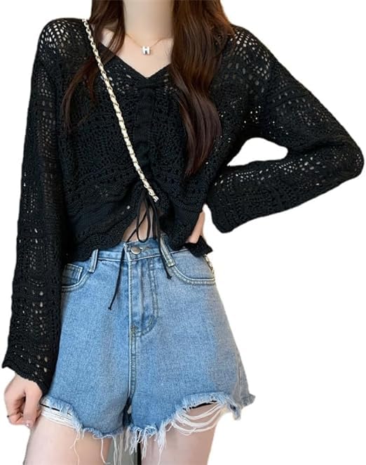 mystify Women®Women Knitted Tops, V Neck Long Sleeve Knitted Sweater Casual Drawstring Hollow Out Breathable for Work for Shopping for Female-picture-44