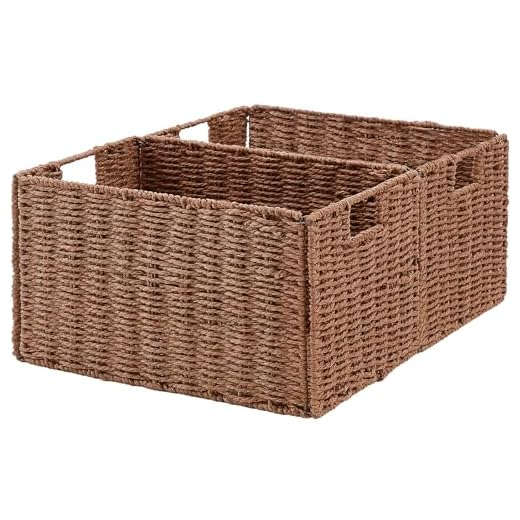Vagusicc Wicker Storage Basket, Set of 2 Hand-Woven Paper Rope Wicker Basket, Small Storage Baskets for Organizing Toilet Paper, Foldable Large Cube Storage Organizer Baskets Bin for Shelves (Brown)