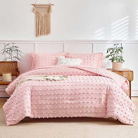 6 Pieces Tufted Dots Bed in a Bag Twin Comforter Set Girls Pink , Soft and Embroidery Shabby Chic Boho Bohemian Comforters, Luxury Solid Color with Pom Pom Design, Jacquard Tufts Bedding Set for Kids Cover