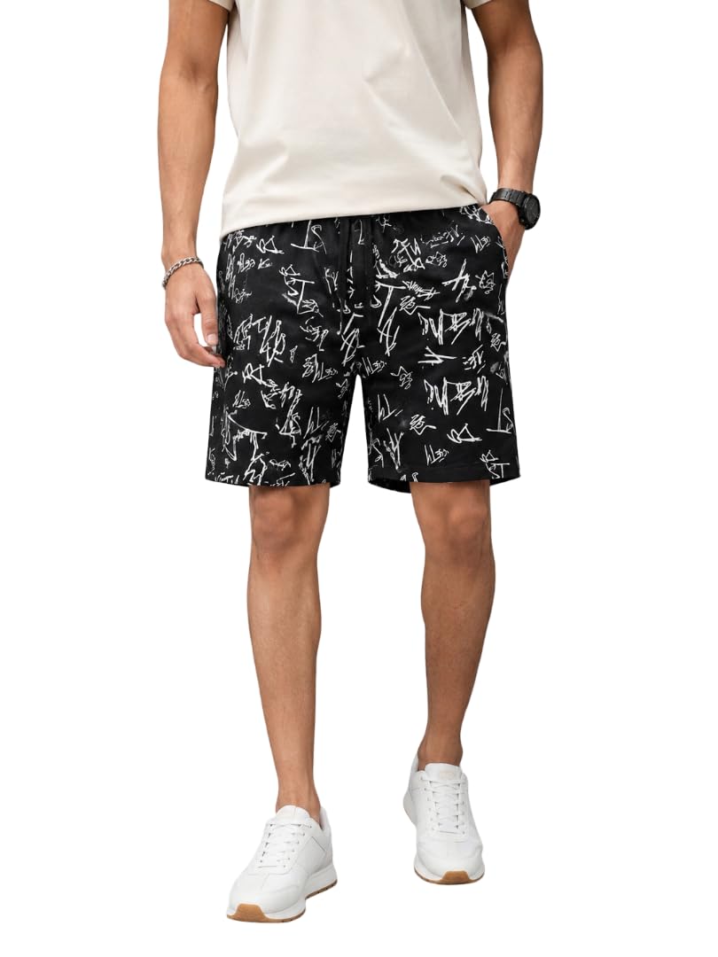 alza Men Black Printed Cotton Shorts | Elastic Waistband with Drawstring | Comfortable Casual & Loungewear Shorts-picture-43