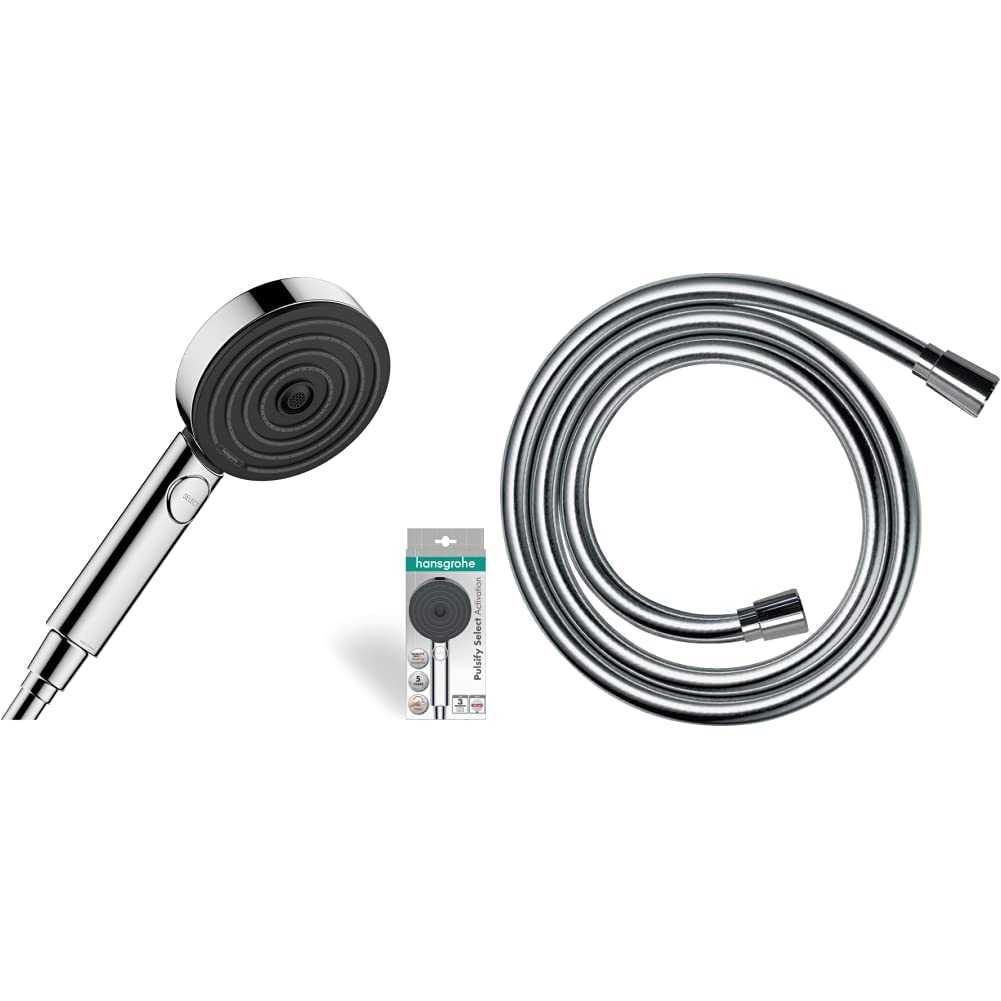 hansgrohe Duschset mit wassersparendem Duschkopf Pulsify Select S, Sparduschkopf, 3 Strahlarten + hansgrohe Brauseschlauch Isiflex, Duschschlauch 1,60m, Chrom, Kunststoff
