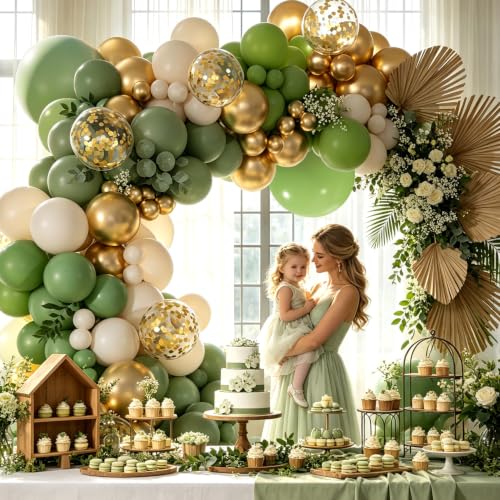 Image of Sage Green White Gold Balloon Garland Arch Kit 143pcs,for Birthday Baby Shower Gender Reveal Wedding Party Decoration