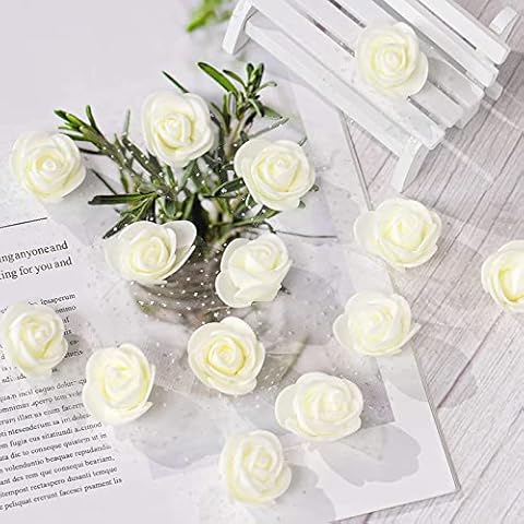 Xiaowenmy 100 Pcs White Rose Heads, Artificial Roses Flower ,Flower Bouquet Wedding Decoration Craft Supplies for DIY Rose Bear Wedding Home Party Decorations Cover
