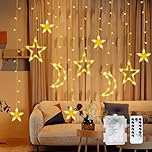 Mexllex Star Curtain Fairy Lights, 3.5m LED Star Fairy Lights Indoor, Battery Operated Star & Moon Christmas Window Lights, Fairy String Light with 8 Modes & Timer for Wedding, Party, Terrace, Lawn