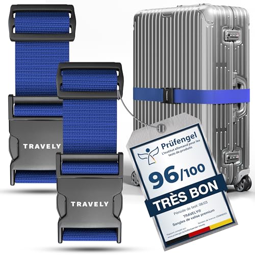 Travely® Lot de 2 sangles de valise de qualité supérieure, particulièrement attrayante et sûre, avec 2 étiquettes à bagage, sangle de bagage idéale en...