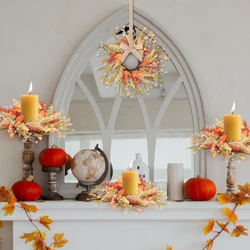 Image of 6 Pcs Fall Candle Rings 9 inch Thanksgiving Autumn Wreaths with Flowers for Tables Artificial Farmhouse Candle Rings Wreath for Front Door Porch Wall Window Decorations