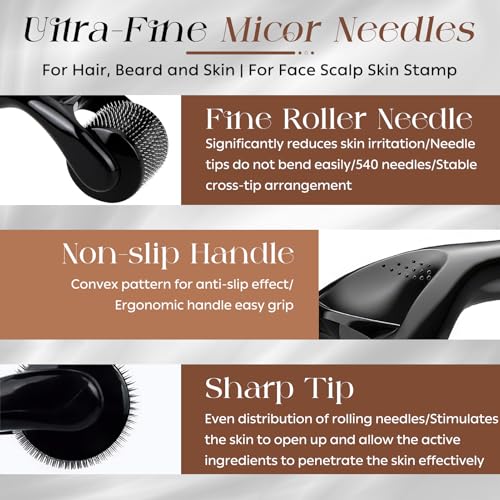 Bartroller 0,5 mm – Derma-roller mit 540 Titan-Nadeln für Bartwuchs & Haarwachstum, professioneller Microneedling Roller für Gesicht, Kopfhaut & Körper – Männer & Frauen, Anti-Aging, Hautpflege