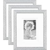 NWDCLF 8x10 Glitter Picture Frame Set of 3, Stylish Sparkling Photo Frames with 5x7/4x6 Mat, Solid Wood and Real Glass for Tabletop or Wall Mount, Cute Home Office Decor, Silver