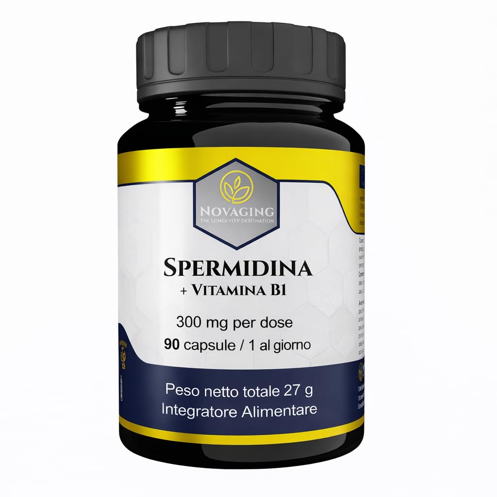Spermidina 6 mg + Vitamina B1, 90 Capsule, Anti-Invecchiamento, Antiossidante, Fornitura per 3 Mesi, 100% Vegano, Massima Biodisponibilità, Dosaggio Preciso, Testato senza OGM e Allergeni