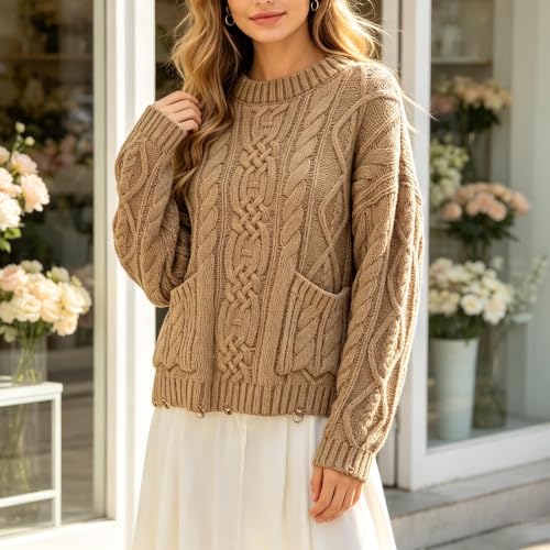 Cable Knit Sweater Women Oversized Crew Neck Long Sleeve Knit Pullover - image 4