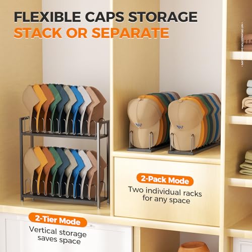 Cinati 2-Tier Hat Organizer for Baseball Caps, 2 Pack 18 Capacity Freestanding Baseball Cap Rack, Metal & Wood Hat Storage for Closet Entryway Bedroom, Black Cap Holder Stand, Gifts for Men Dad - image 2