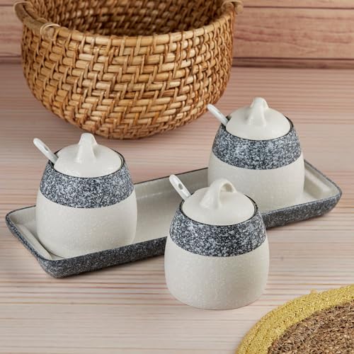 Image of SASASA Ceramic Condiment Jars and Containers Set of 3 with Tray and Spoon for Kitchen Food Storage, Used for Spices, Sauce Servers, Pickle, Vinegar, Sugar (280ml each) Grey (10678)