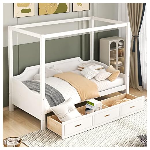 Twin Size Canopy Bed with Storage Drawers, Solid Wood Daybed Frame with 3 in 1 Drawers, Slat Support Modern 4 Poster Bed for Kids, Teens, Adults, No Box Spring Needed (Twin Size, White)