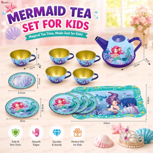 Image of VikriDA Cute Mermaid Kids Tea Set, 15Pcs Tea Party Set for Toddlers Afternoon Tea Time Playset with Teapots Tea Cups Play Dishes Princess Toys Gifts with Carry Case