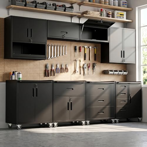 Image of 8-Piece Heavy Duty Steel Garage Cabinet System | All-in-One Modular Garage Cabinet Set for Ultimate Workshop Organization | Easy Assembly Garage Storage Cabinets & Tool Bench (Black)