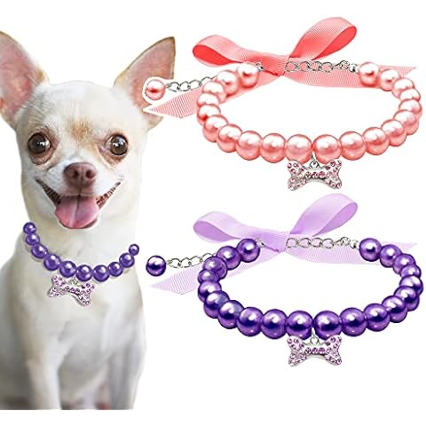 Casidoxi 2 Pcs Dog Cat Pearl Collar Necklace with Rhinestone Bone, Fancy Cat Wedding Collar Jewelry for Cat Puppy Dogs Pets (Pink+Purple) Cover