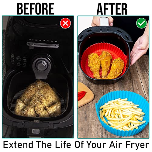 Dthome3 2Pcs Silicone Air Fryer Liners For 3 To 5 Qt | Round Air Fryer Silicone Liners | Air Fryer Silicone Basket Bowl , Non-Stick, Reusable & Heat Resistant | Easy Clean-Up Solution For Air Fryers (7.8 In, Red+Blue) #TOP5
