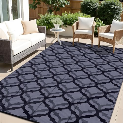 OLANLY Reversible Outdoor Rug 6x9 ft Clearance, Waterproof Outdoor Plastic Straw Rug with Interlacing Pattern, RV Mat for Patio, Camping, Balcony, Deck, Backyard, Black & Grey