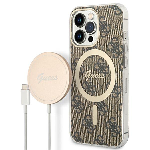 GUESS Bundle GUBPP13LH4EACSW Coque et Chargeur iPhone 13 Pro Marron Coque Rigide Impression 4G